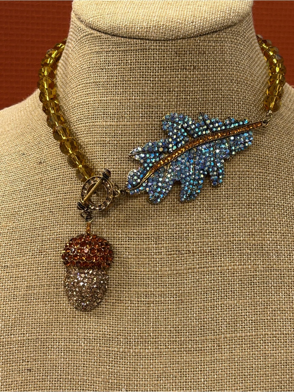 Crystal Leaf and Acorn Statement Necklace - Blue and Amber